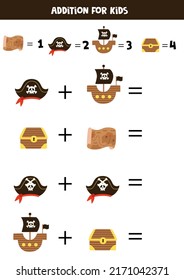 Addition with different pirate elements. Educational math game for kids. 