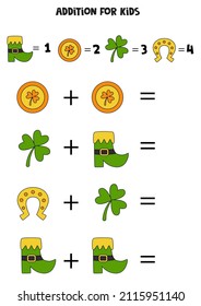 Addition with different Saint Patrick Day elements. Educational math game for kids. 