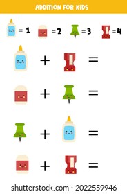 Addition with different school supplies. Educational math game for kids. 
