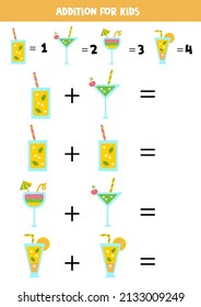 Addition with different summer cocktails. Educational math game for kids. 