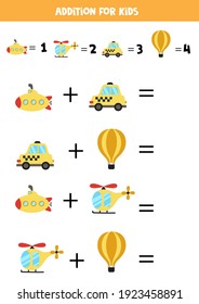 Addition with different transportation means. Educational math game for kids. 