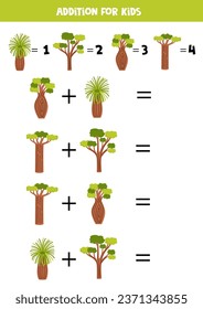 Addition with different tropical trees. Educational math game for kids. 