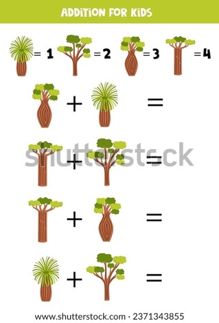Addition with different tropical trees. Educational math game for kids. 