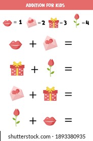Addition with different valentine elements. Educational math game for kids. 