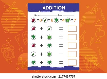 Addition with different vegetables for kids. An educational worksheet for kids. Vector design