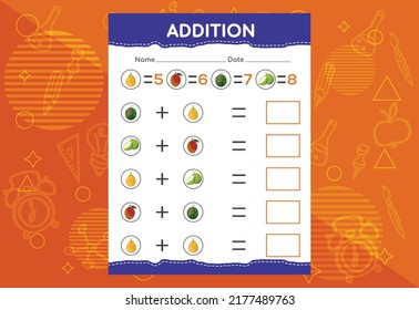 Addition with different vegetables for kids. An educational worksheet for kids. Vector design