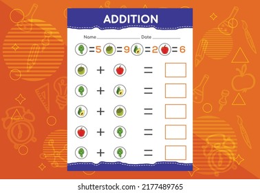 Addition with different vegetables for kids. An educational worksheet for kids. Vector design