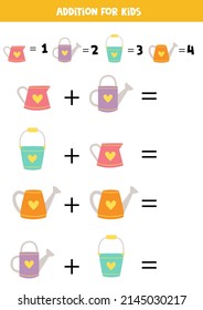 Addition with different watering cans. Educational math game for kids. 