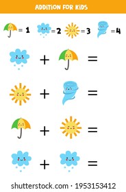 Addition with different weather elements. Educational math game for kids. 