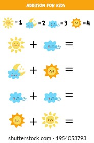 Addition with different weather elements. Educational math game for kids. 