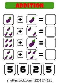 Zusatz von Auberginen. Eine Aufgabe für Kinder. Informationsblatt für die Entwicklung. Seite mit Farbaktivität. Ein Spiel für Kinder.