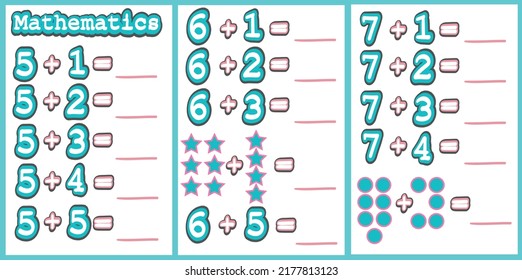 Addition exercises for kids. Set of three cards.