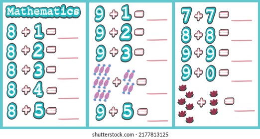 Addition exercises for kids. Set of three cards.