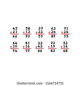 addition exercises in math. collection process examples. hand drawn addition exercises
