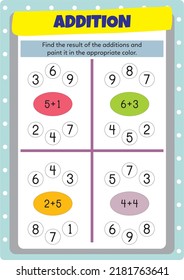 Addition exercises for preschool, kindergarten and primary school kids.