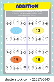 Addition exercises for preschool, kindergarten and primary school kids.