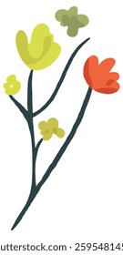 In addition to the flowers, there are two small, cloud-like shapes in a muted green hue. These shapes are positioned near the top of the image, adding a whimsical touch to the overall design.