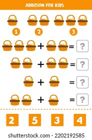 Addition with fruit basket. Educational math game for kids. 