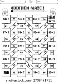 Addition fun maze puzzle worksheet for child