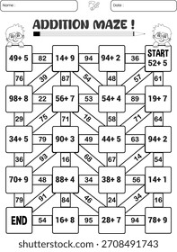 Addition fun maze puzzle worksheet for child