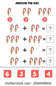 Addition game with cartoon Christmas candy. Math game for kids.