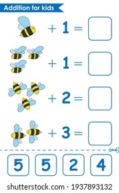 Addition game with cute bees. Math game for kids. Solve the equations by counting the bees. Worksheet for preschoolers. Vector illustration.