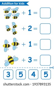 Addition game with cute bees. Math game for kids. Solve the equations by counting the bees. Worksheet for preschoolers. Vector illustration.
