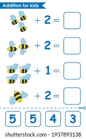 Addition game with cute bees. Math game for kids. Solve the equations by counting the bees. Worksheet for preschoolers. Vector illustration.