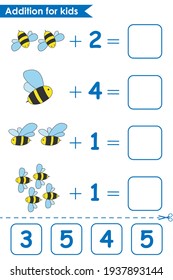 Addition game with cute bees. Math game for kids. Solve the equations by counting the bees. Worksheet for preschoolers. Vector illustration.
