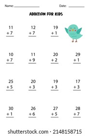 Addition game with cute bird. Math game for kids.