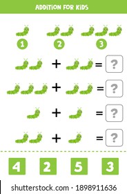 Addition game with cute cartoon caterpillar. Math game for kids.