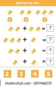 Addition game with cute cartoon chicken. Math game for kids.