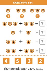Juego de adición con la cara de tigre adorable. Juego de matemáticas para niños.