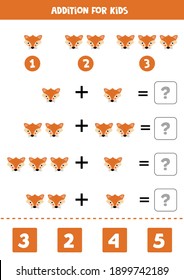 Addition game with cute cartoon fox face. Math game for kids.