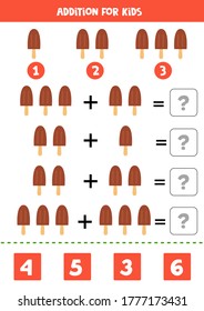 Addition game with cute cartoon ice cream. Educational math game for kids. Worksheet for learning to add numbers. Elementary algebra for preschoolers. 