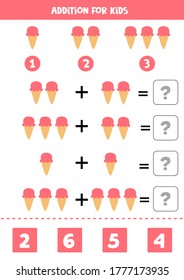 Addition game with cute cartoon ice cream cone. Educational math game for kids. Worksheet for learning to add numbers. Printable page for preschoolers. 