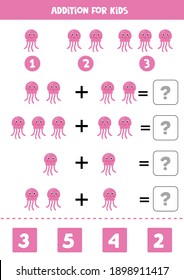 Addition game with cute cartoon jelly fish. Math game for kids.