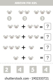 Addition game with cute cartoon mouse face. Math game for kids.