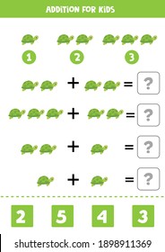Addition game with cute cartoon turtle. Math game for kids.