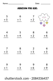 Addition game with cute cloud. Math game for kids.