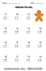 Addition game with cute gingerbread cookie. Math game for kids.