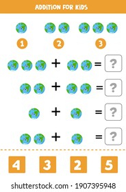 Addition game with cute kawaii planet Earth. Math game for kids.