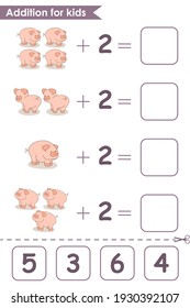 Addition game with cute pigs. Math game for kids. Solve the equations by counting the pigs. Worksheet for preschoolers. Vector illustration.