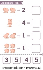 Addition game with cute pigs. Math game for kids. Solve the equations by counting the pigs. Worksheet for preschoolers. Vector illustration.