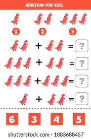 Addition game with cute red dinosaur tyrannosaur. Math game for kids.