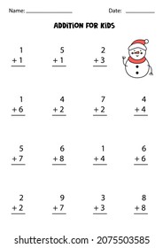 Addition game with cute snowman. Math game for kids.
