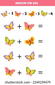 Addition game with different butterflies. Educational math game for kids.