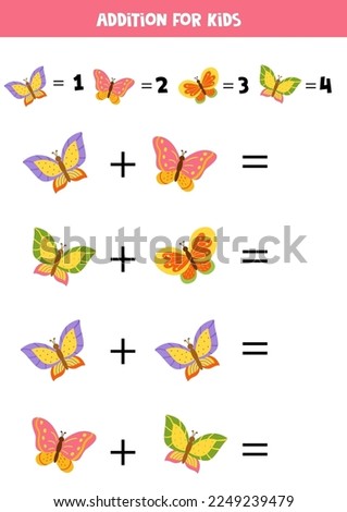 Addition game with different butterflies. Educational math game for kids.