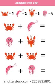 Addition game with different cartoon sea animals. Educational math game for kids.