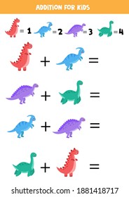 Addition game with different dinosaurs. Educational math game for kids.